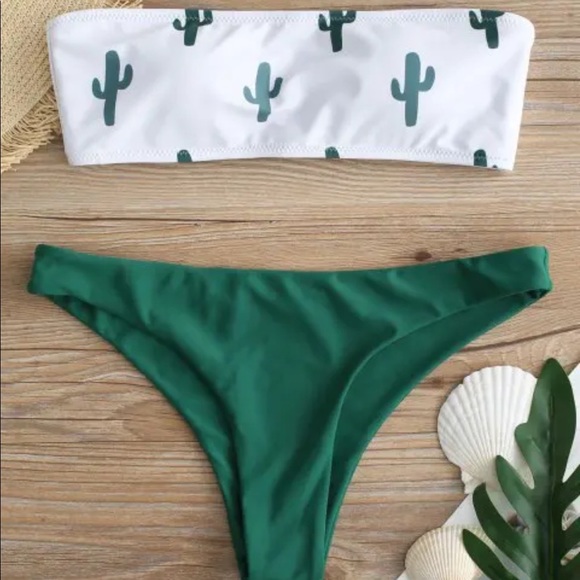 Other - Green and White Cactus High Waisted Bandeau Bikini